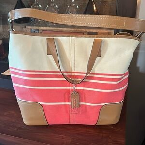 Coach F29921 Hadley Variegated Tote Shoulder Bag Strip Canvas Leather Trim